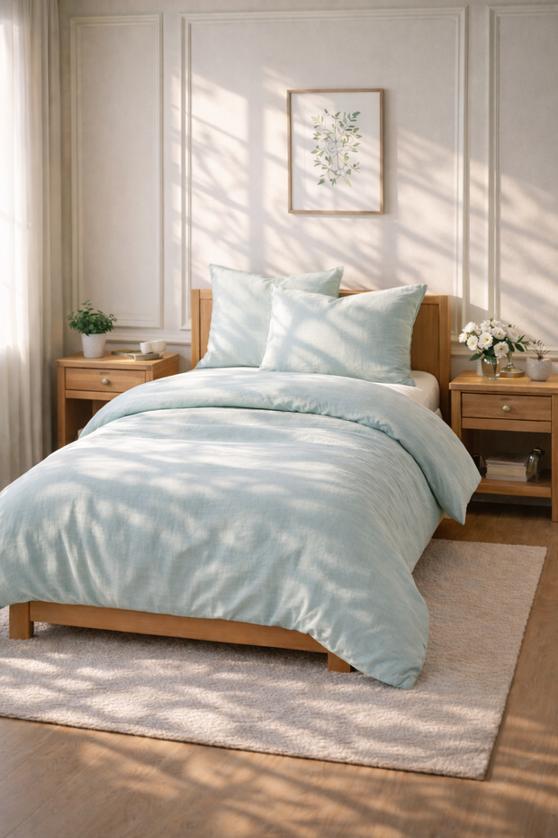 Mėtų spalvos lininės patalynės komplektas – natūralus, kvėpuojantis ir elegantiškas