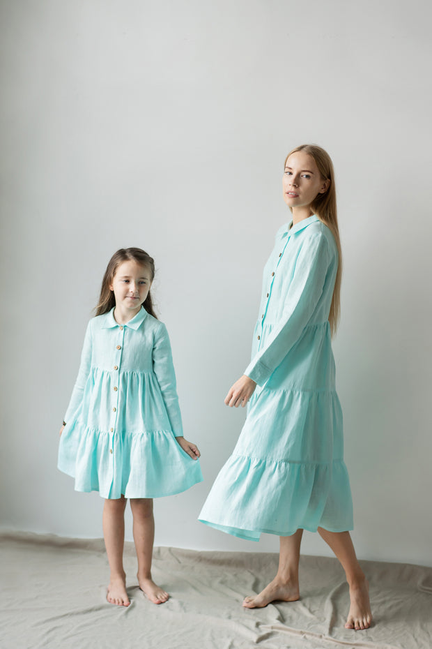 Linen Dress for Women with Long Sleeves, Wooden Buttons, Classic Collar and Tiered Ruffle Skirt