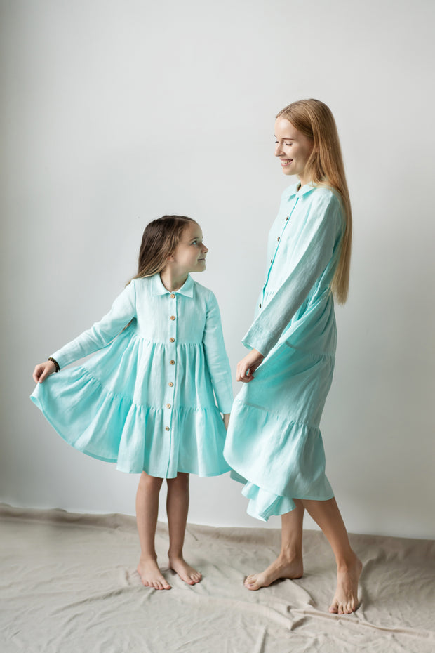 Linen Dress for Women with Long Sleeves, Wooden Buttons, Classic Collar and Tiered Ruffle Skirt