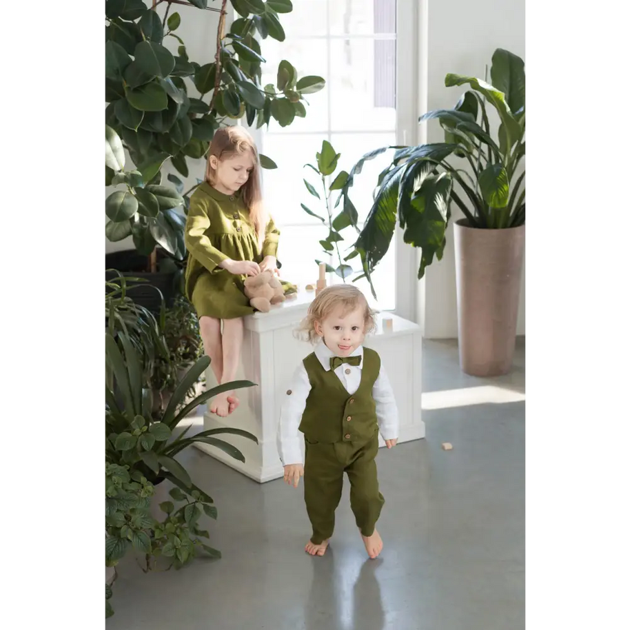 Baby Boys Linen Christening Outfit - Forest Green - CHRISTENING TIME
