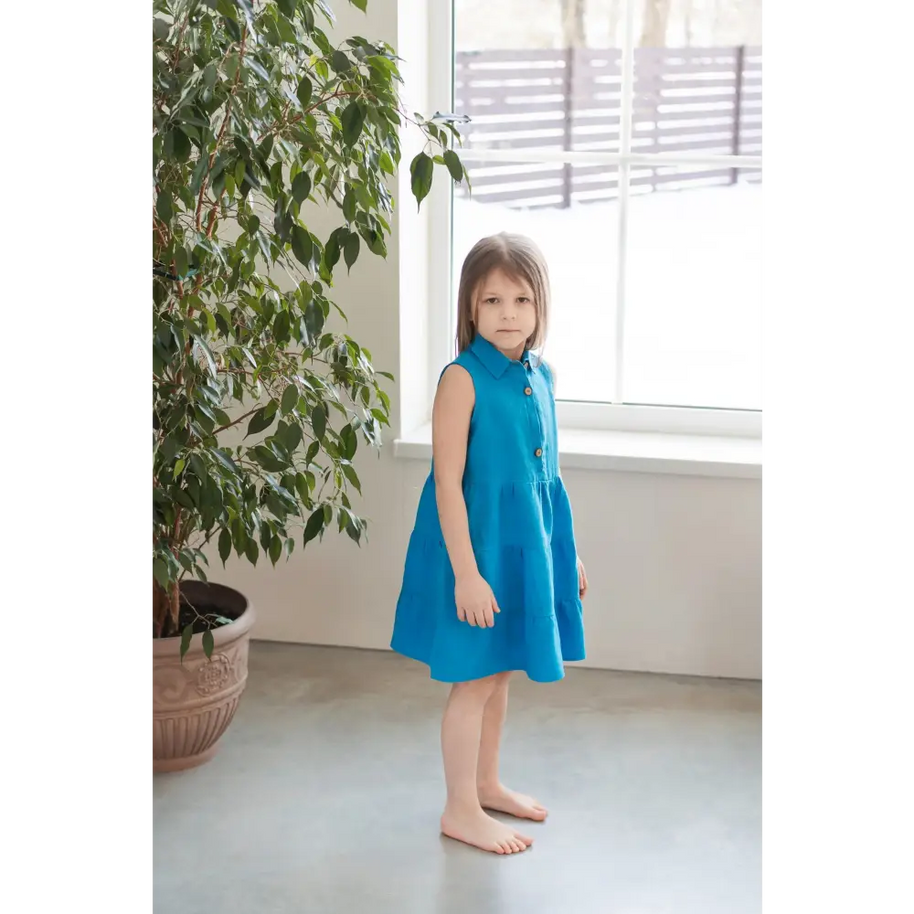 Blue Linen Dress for Little Princess - Dresses