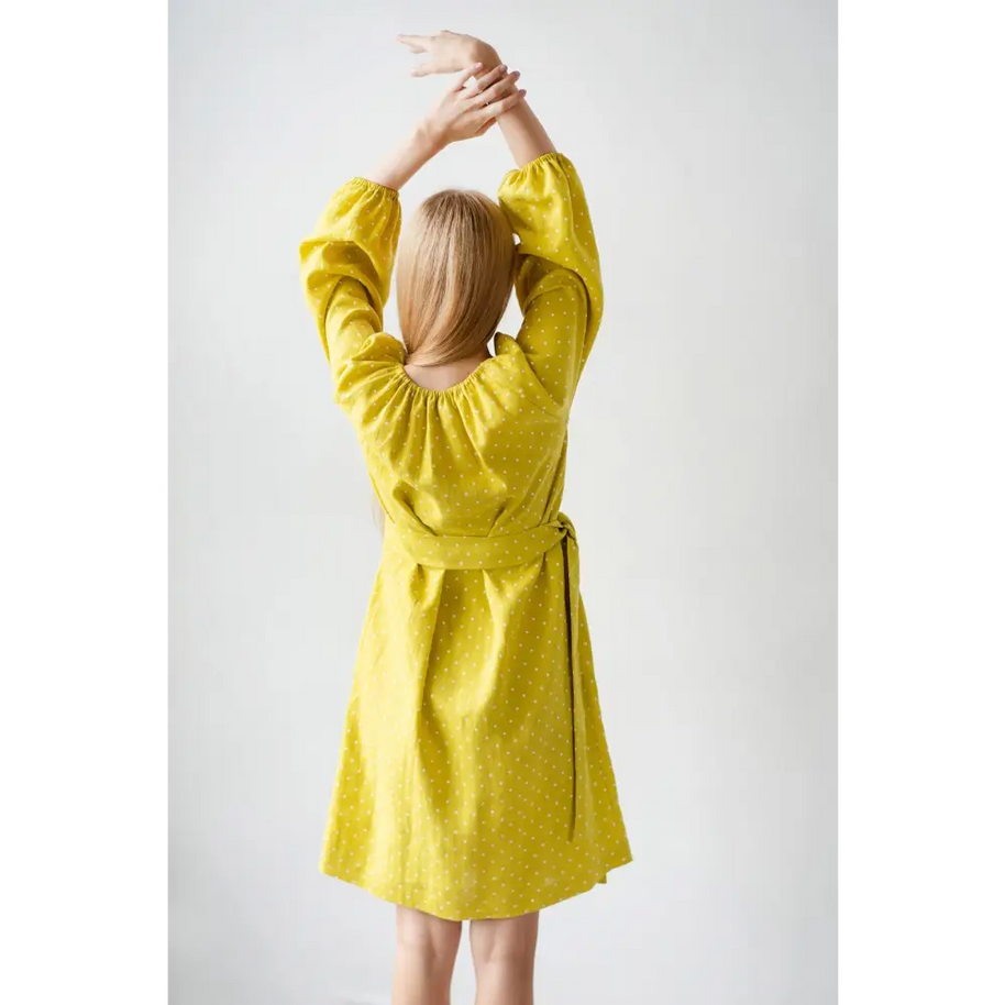 Bright Yellow Linen Dress Having Raglan Sleeves - One Size - Dresses