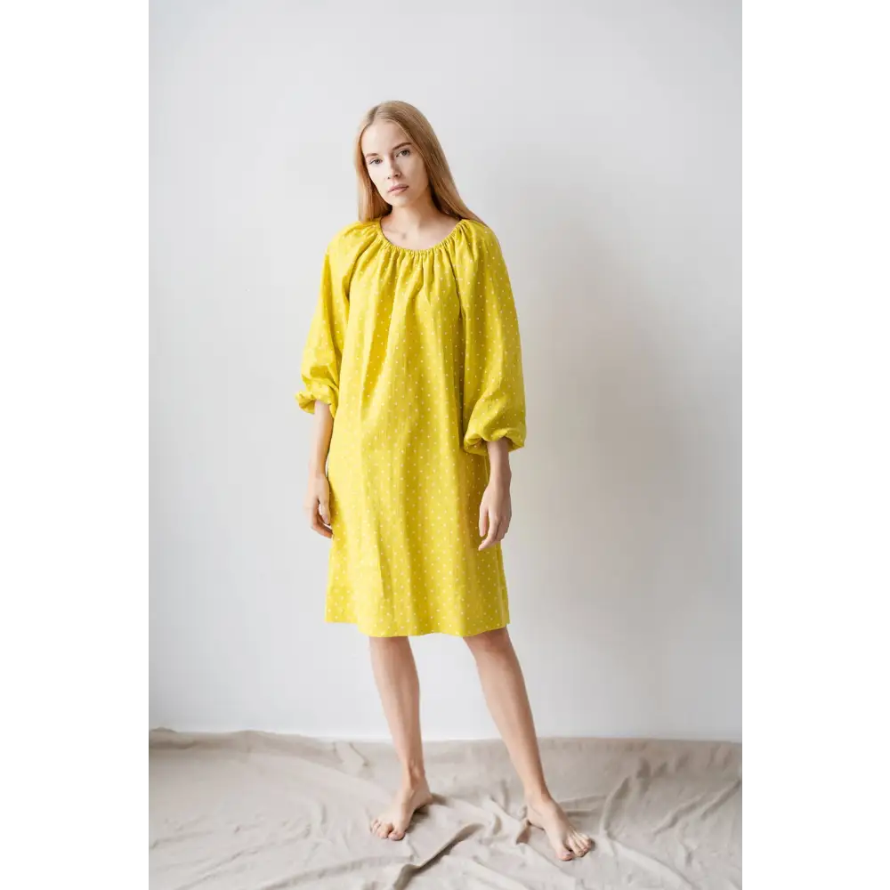 Bright Yellow Linen Dress Having Raglan Sleeves - One Size - Dresses