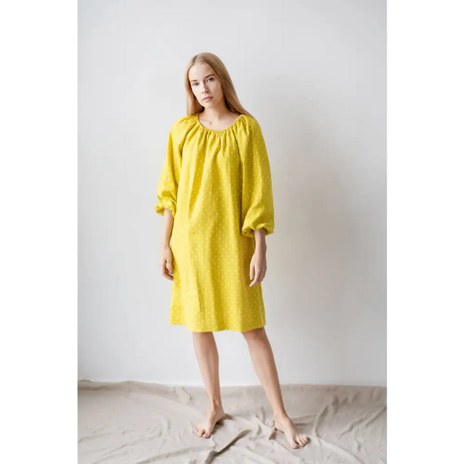 Bright Yellow Linen Dress Having Raglan Sleeves - One Size - Dresses