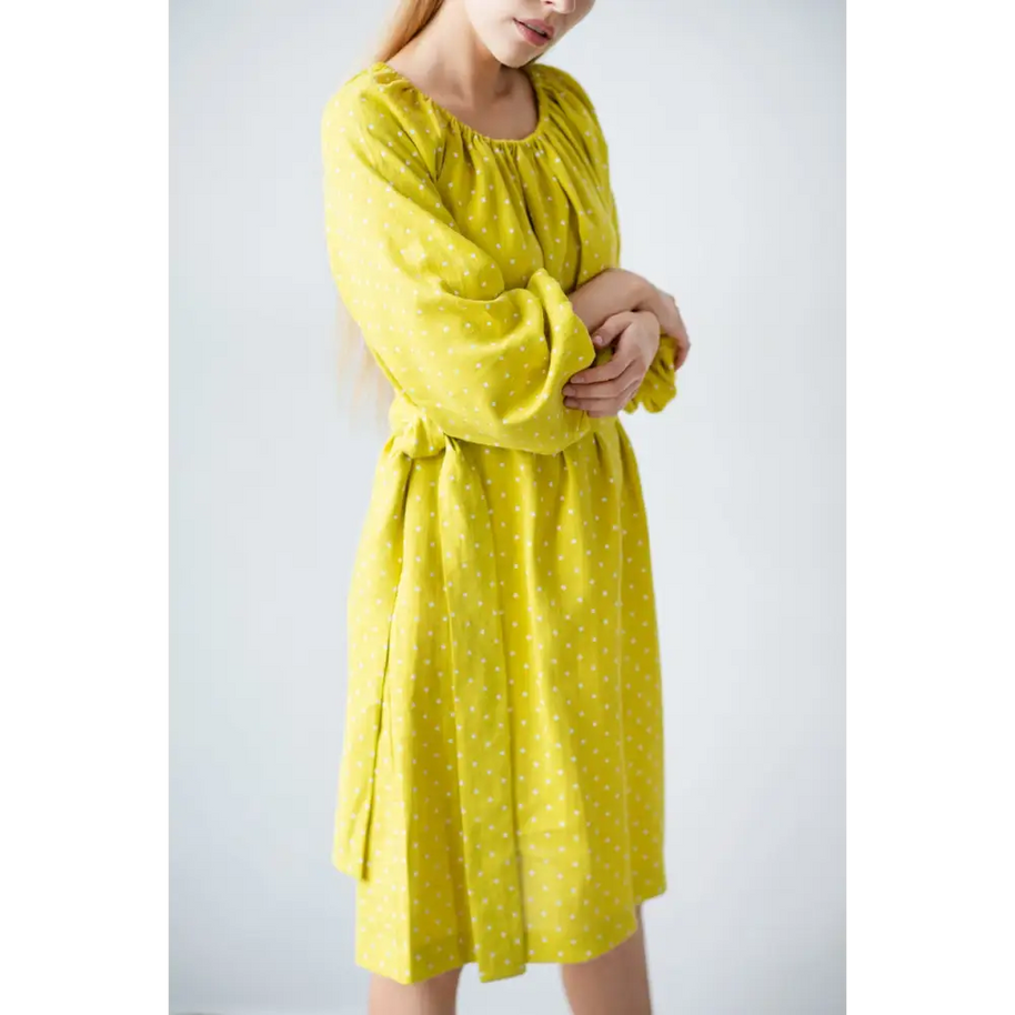 Bright Yellow Linen Dress Having Raglan Sleeves - One Size - Dresses