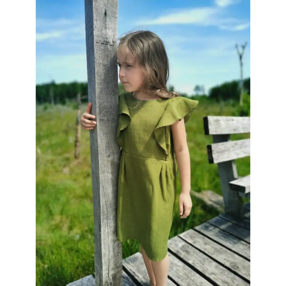 Girl Green Color Linen Sleeveless Dress - Dresses