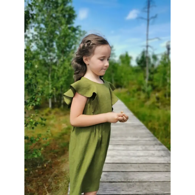 Girl Green Color Linen Sleeveless Dress - Dresses