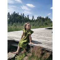 Girl Green Color Linen Sleeveless Dress - Dresses