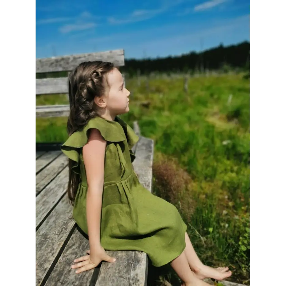 Girl Green Color Linen Sleeveless Dress - Dresses