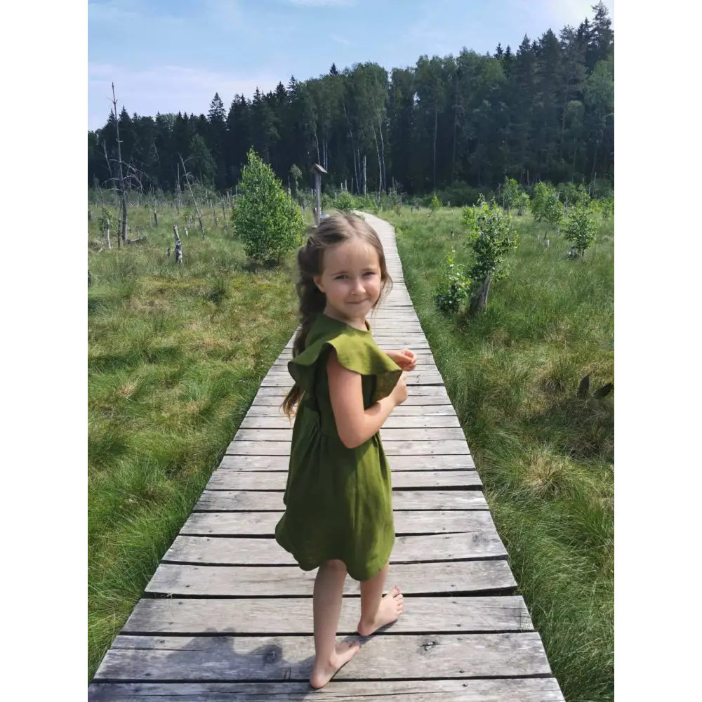 Girl Green Color Linen Sleeveless Dress - Dresses