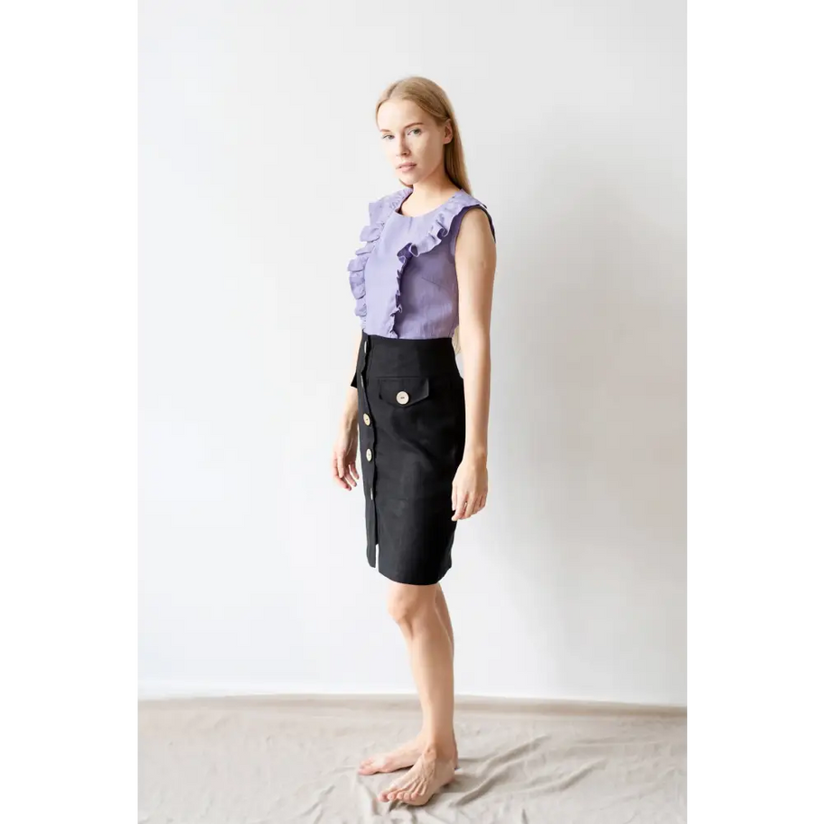 High Waist Black Linen Midi Pencil Skirt - One Size - Skirts