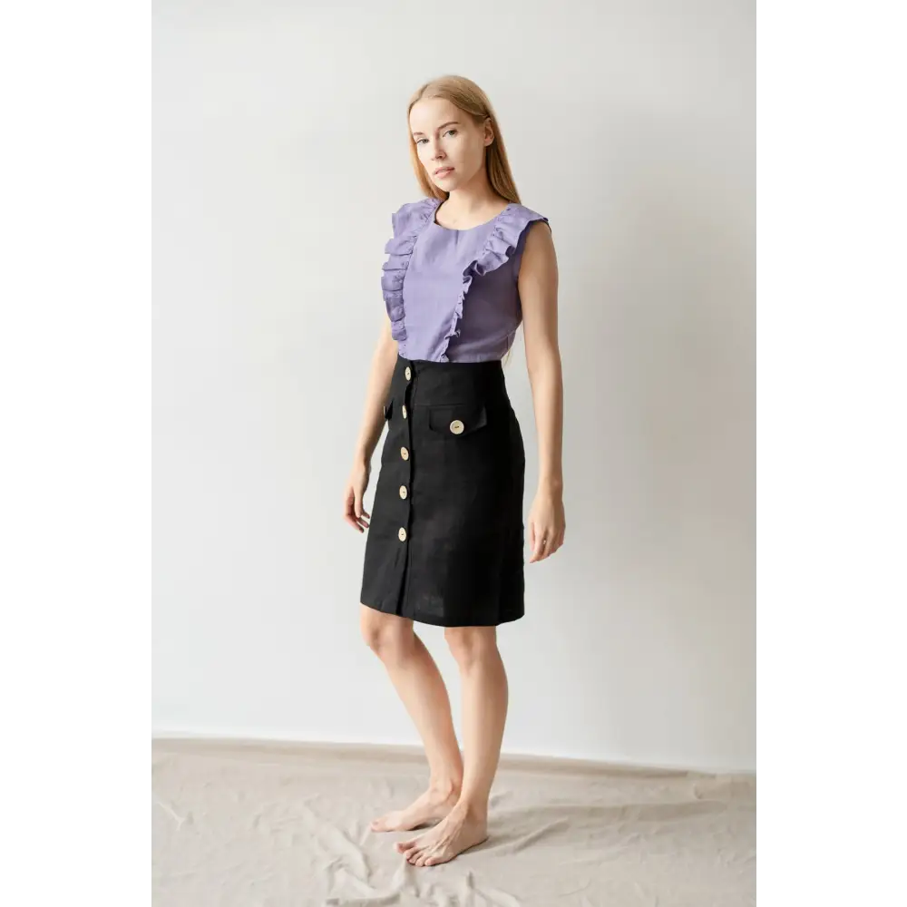 High Waist Black Linen Midi Pencil Skirt - One Size - Skirts