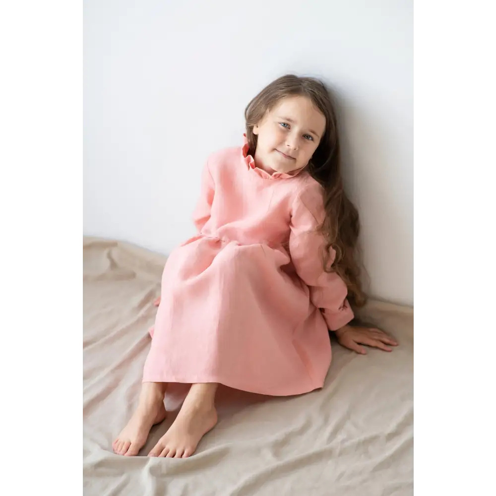 Linen Dress with Ruffle Neck - Dresses