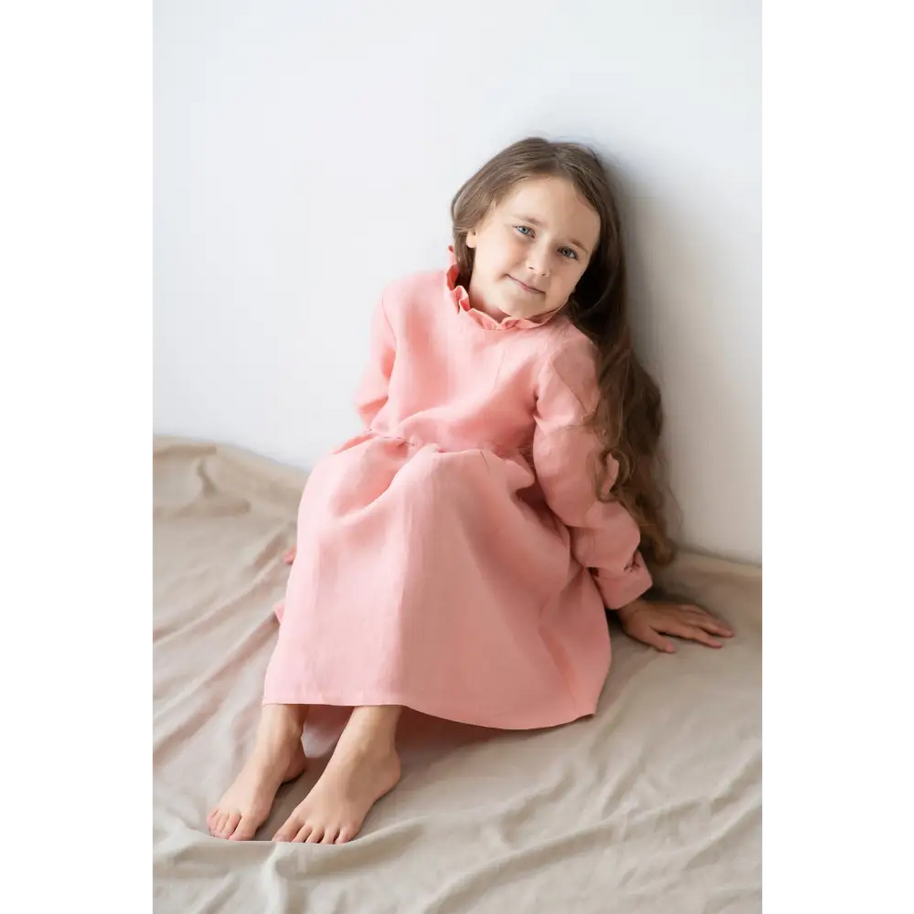 Linen Dress with Ruffle Neck - Dresses