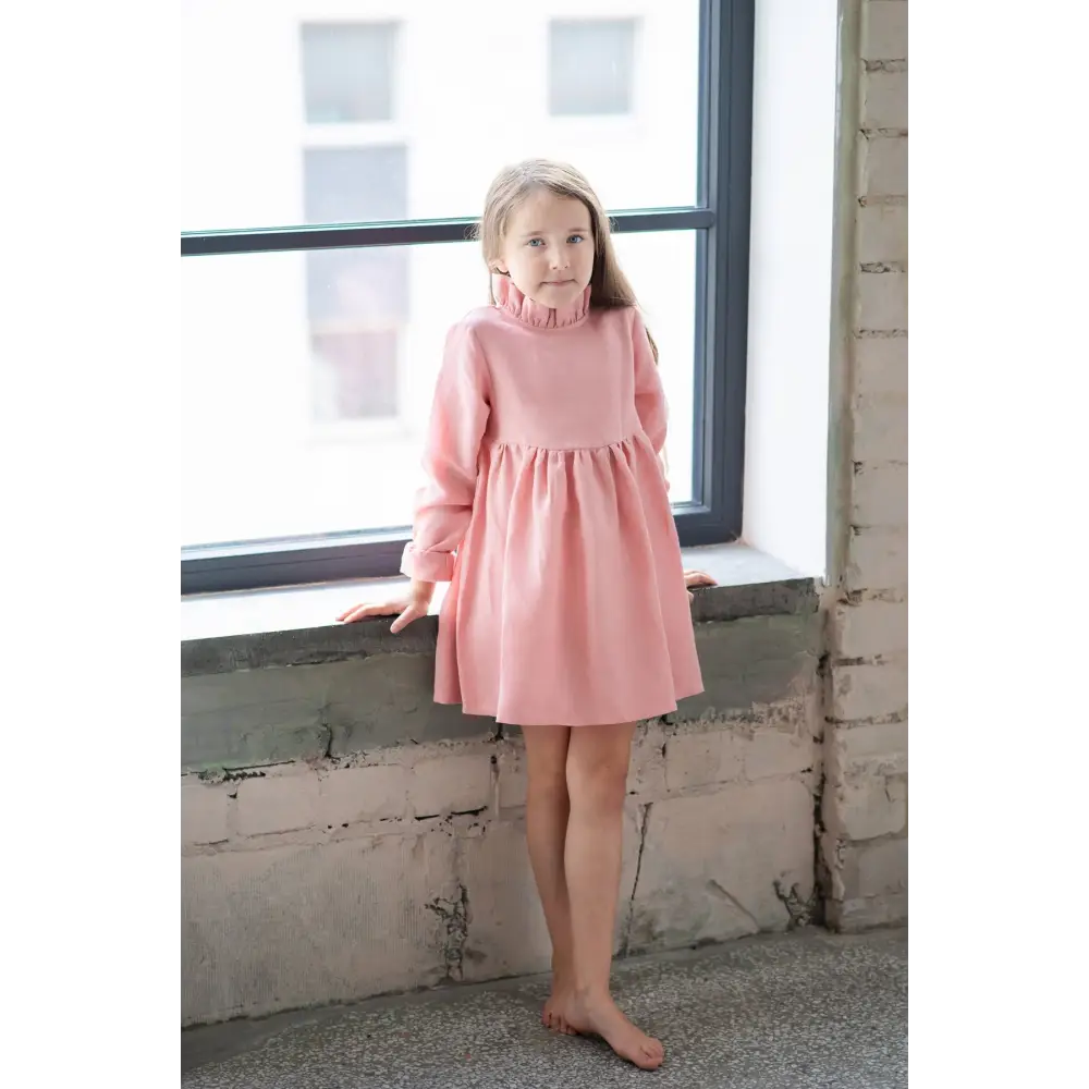 Linen Dress with Ruffle Neck - Dresses