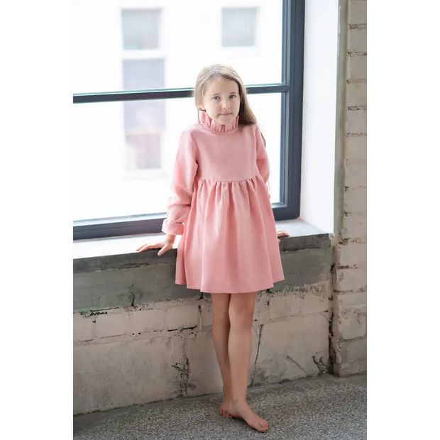 Linen Dress with Ruffle Neck - Dresses