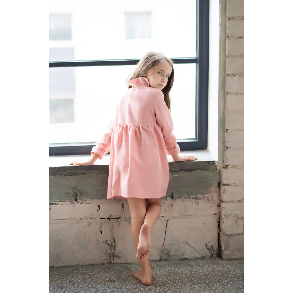 Linen Dress with Ruffle Neck - Dresses