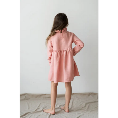 Linen Dress with Ruffle Neck - Dresses