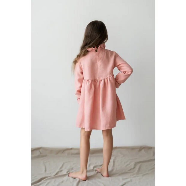 Linen Dress with Ruffle Neck - Dresses