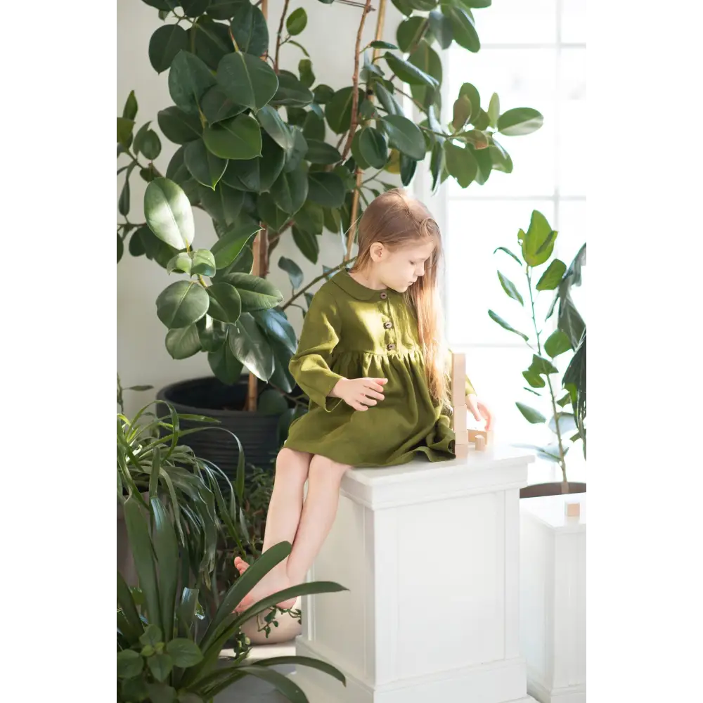 Linen Green Dress with Peter Pan Collar - Dresses