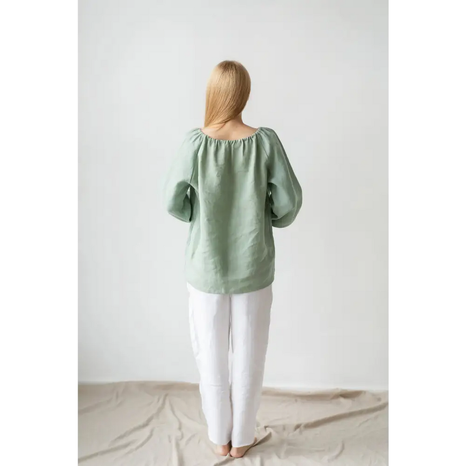 Linen Top with Wide Puffy Sleeves - One Size - Blouses