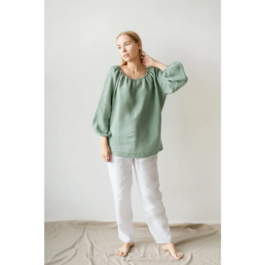 Linen Top with Wide Puffy Sleeves - One Size - Blouses