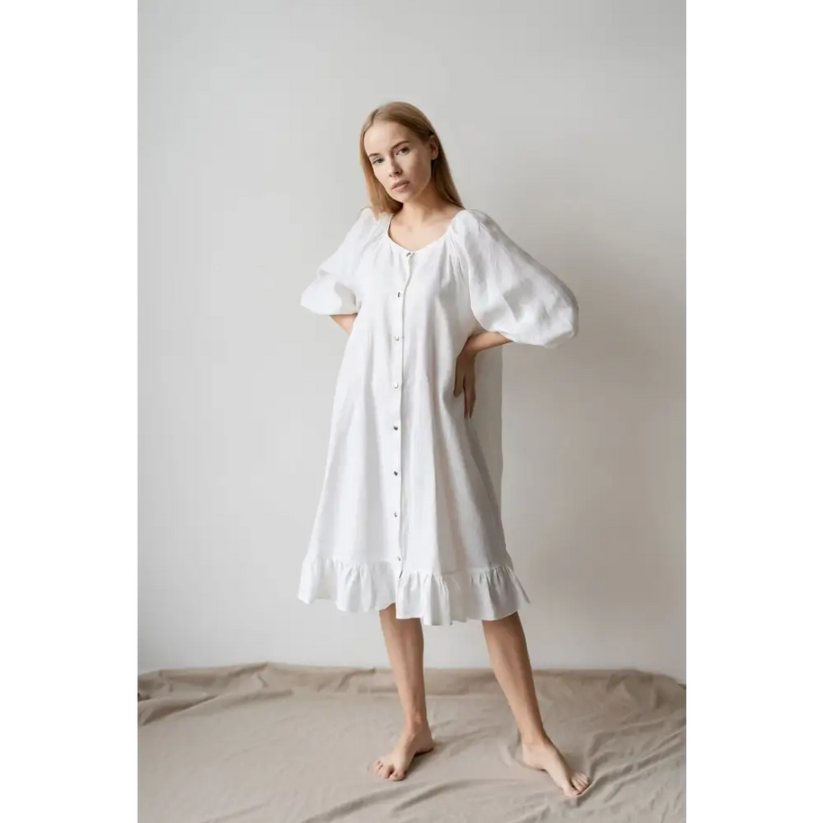 pure linen dresses Women's Lilac Dress - Round Neck Linen Tunic with Princess Seams, Long Sleeve With an impressive structure of 200gsm fabric without feeling too weighty &