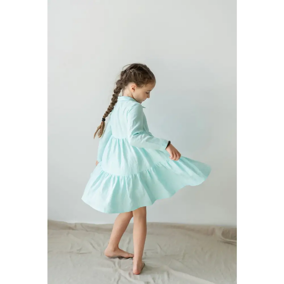 Mint Color Linen Dress for Girl - Dresses