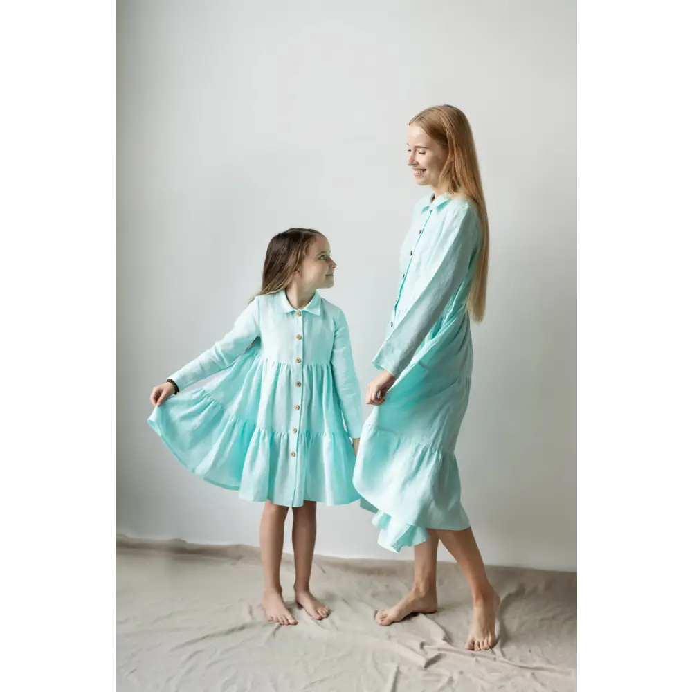 Mint Color Linen Dress for Girl - Dresses
