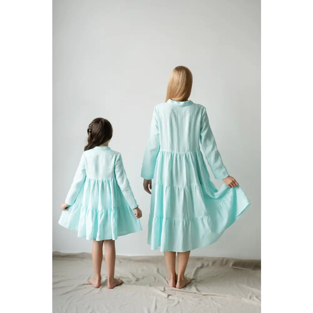 Mint Color Linen Dress for Girl - Dresses