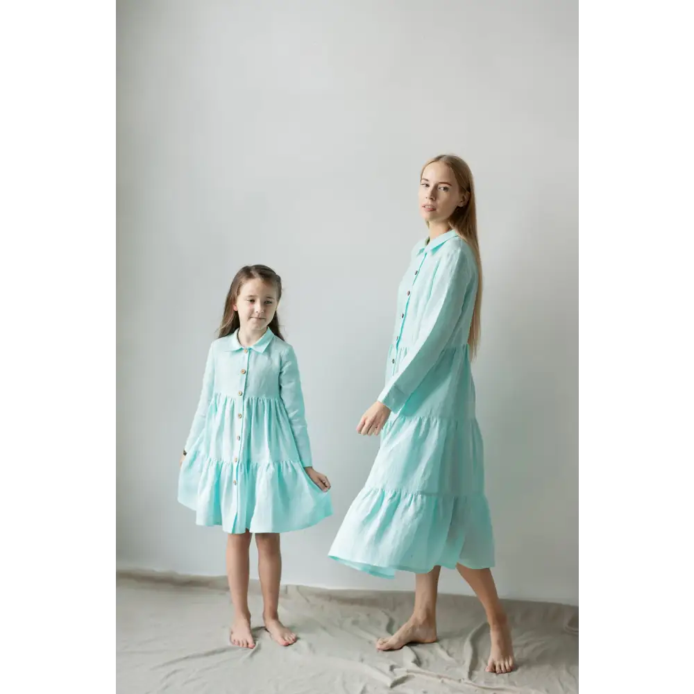Mint Color Linen Dress for Girl - Dresses