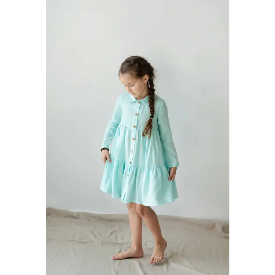 Mint Color Linen Dress for Girl - Dresses