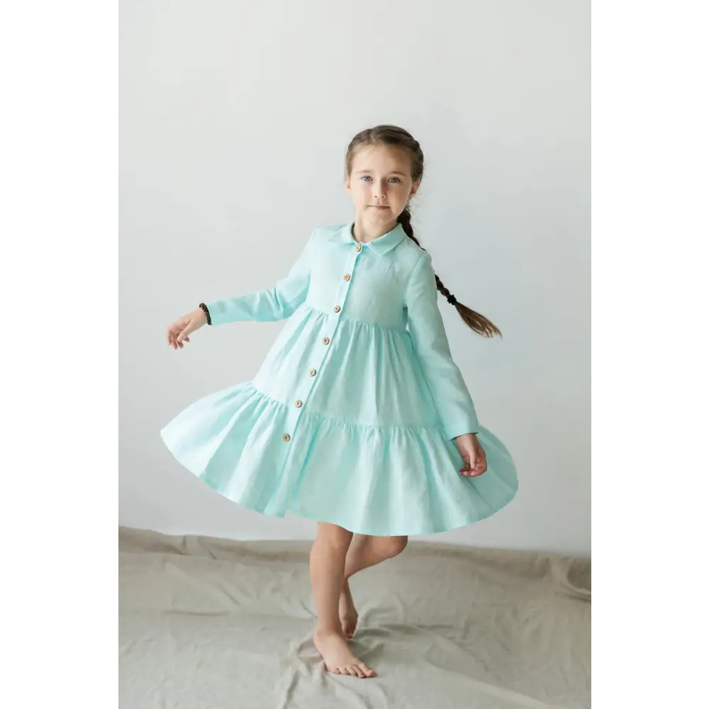 girls mint green dress Green Colorblock Babydoll Dress Kids Girls Hollow Embroidery Ruffle Hem Peter Pan Collar Flounce Sleeve Loose Fit Polyester Summer Casual V,9Y