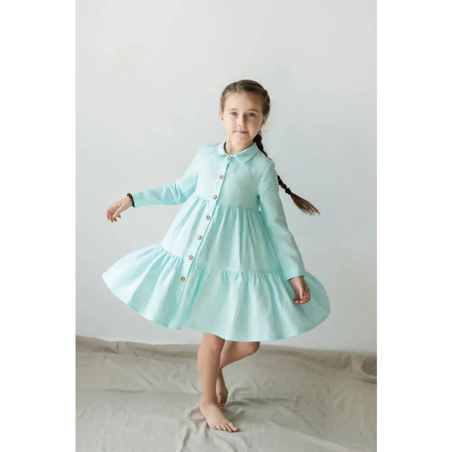 Mint Color Linen Dress for Girl - Dresses