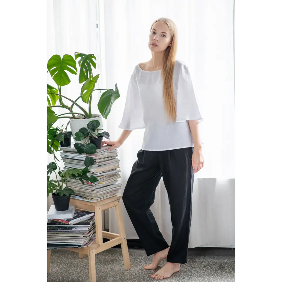 Pure Linen Black Pants with Pockets - S / Plum - Pants