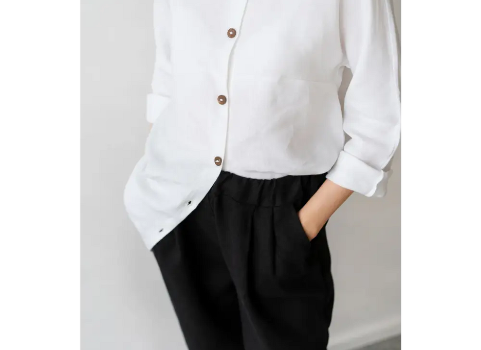 Pure Linen Black Pants with Pockets - S / Plum - Pants