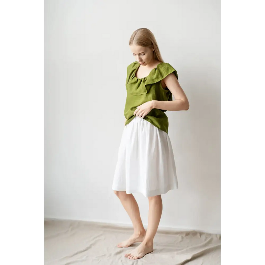 Ruffle Green Linen Top - One Size - Blouses
