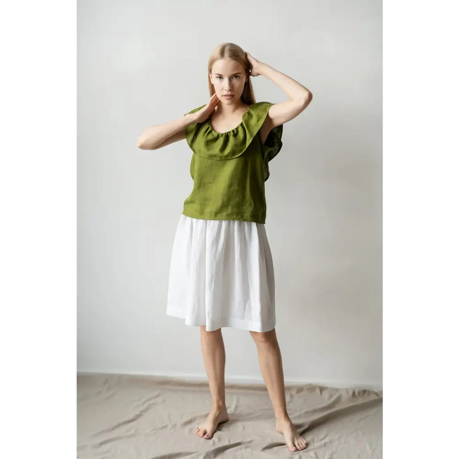 Ruffle Green Linen Top - One Size - Blouses