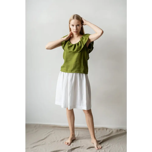 Ruffle Green Linen Top - One Size - Blouses
