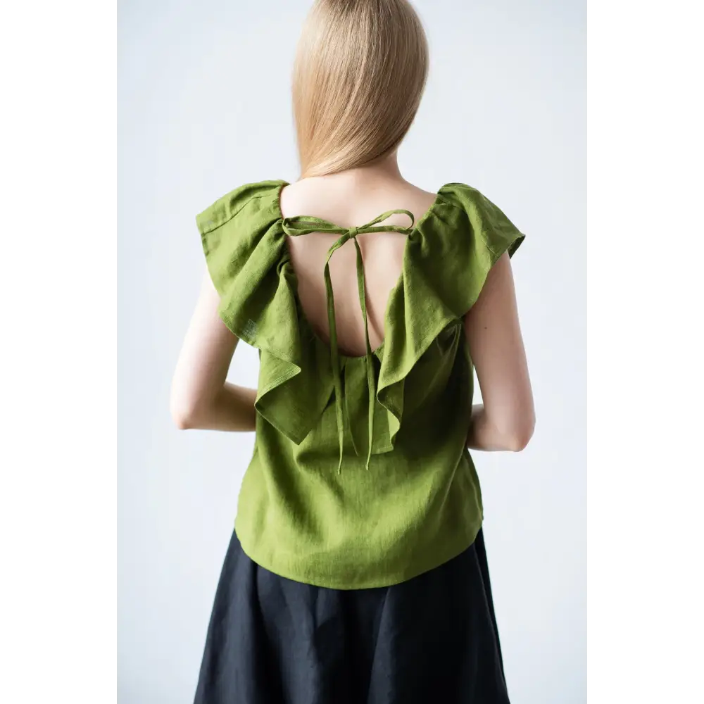 Ruffle Green Linen Top - One Size - Blouses