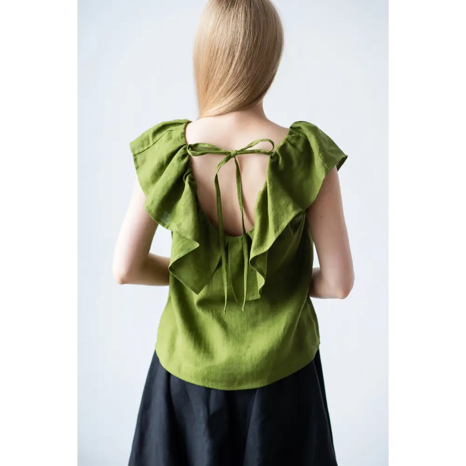 Ruffle Green Linen Top - One Size - Blouses