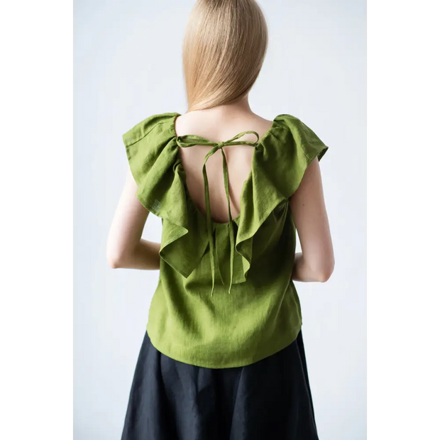 Ruffle Green Linen Top - One Size - Blouses