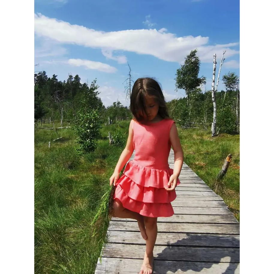 Salmon Ruffle Linen Dress - Dresses