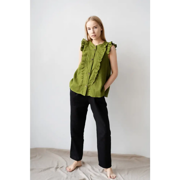 Sleeveless Linen Blouse with Ruffle - Free Shipping - One Size - Blouses
