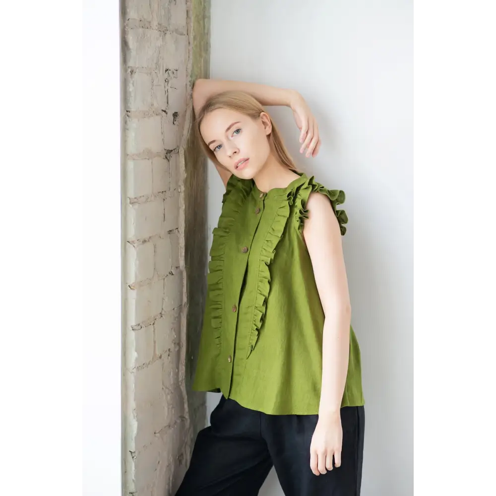 Sleeveless Linen Blouse with Ruffle - Free Shipping - One Size - Blouses