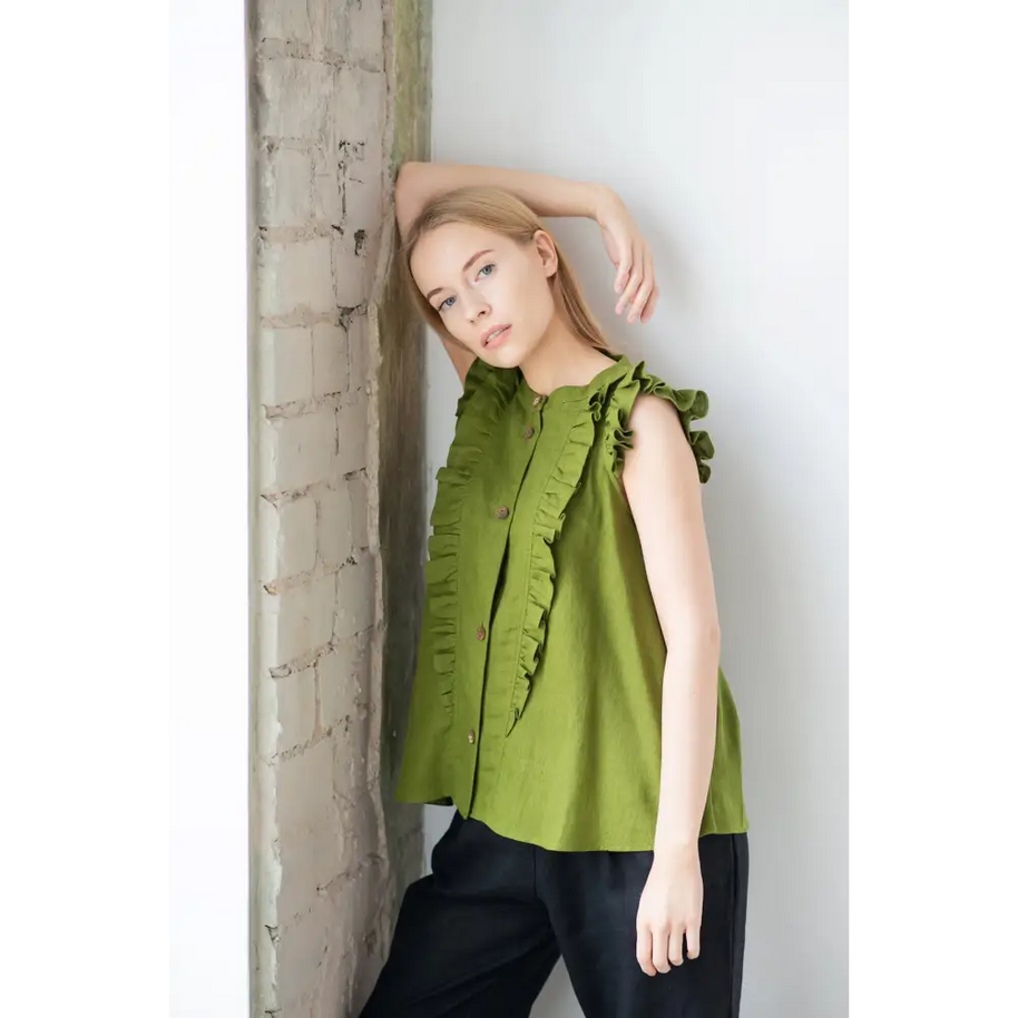 Sleeveless Linen Blouse with Ruffle - Free Shipping - One Size - Blouses