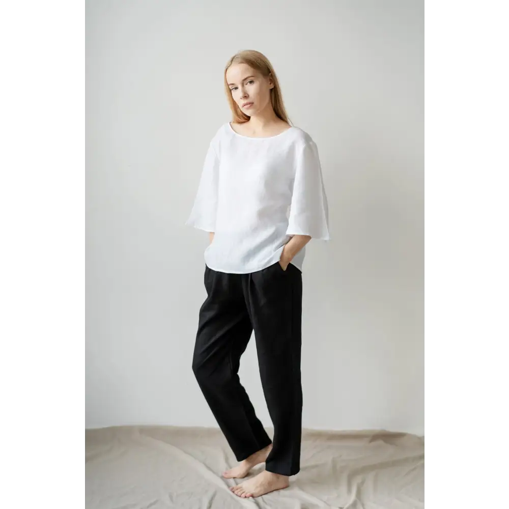 White Linen Blouse with Wide Sleeves - One Size - Blouses