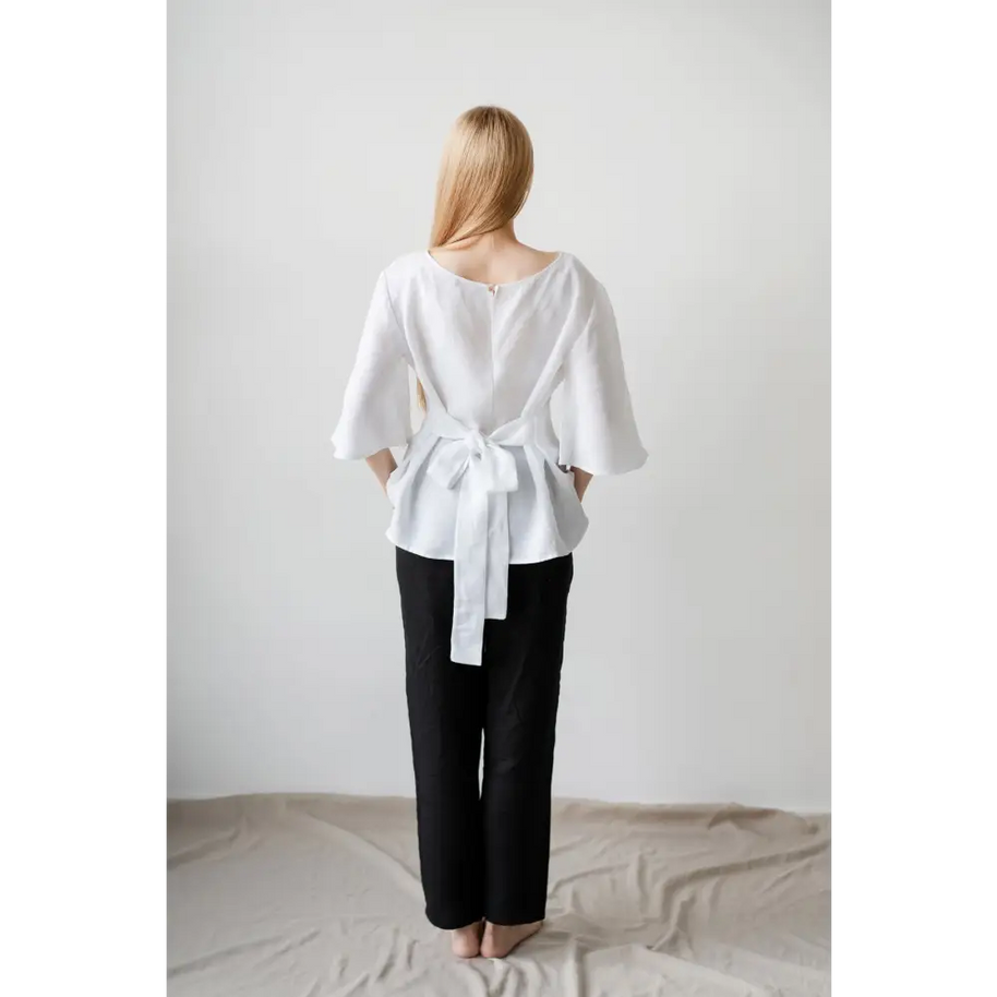 White Linen Blouse with Wide Sleeves - One Size - Blouses