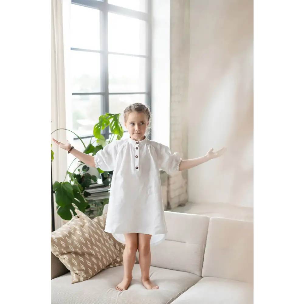 White Linen Dress – Tunic with Band Collar - Dresses