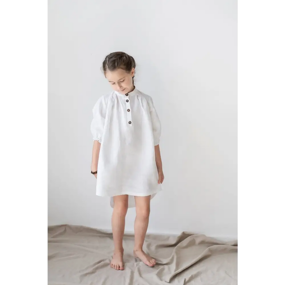 White Linen Dress – Tunic with Band Collar - Dresses
